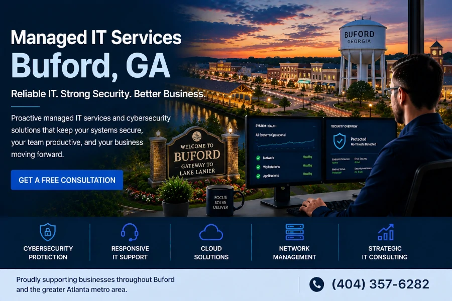 Managed IT services in Buford, GA providing IT support, cybersecurity, cloud solutions, and technology consulting for local businesses.