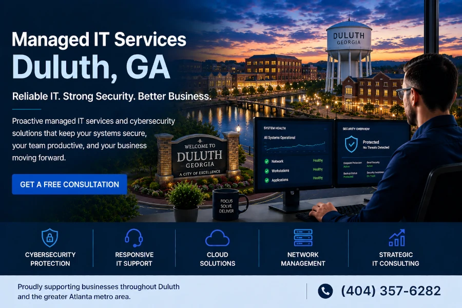 Managed IT services in Duluth, GA providing IT support, cybersecurity, cloud solutions, and technology consulting for local businesses.