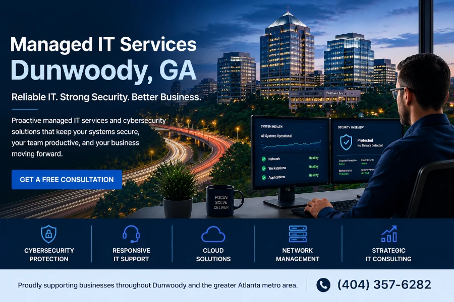 Managed IT services in Dunwoody, GA providing IT support, cybersecurity, cloud services, and technology consulting for local businesses.