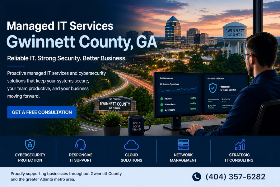 Managed IT services in Gwinnett County, GA providing IT support, cybersecurity, cloud solutions, and technology consulting for local businesses.