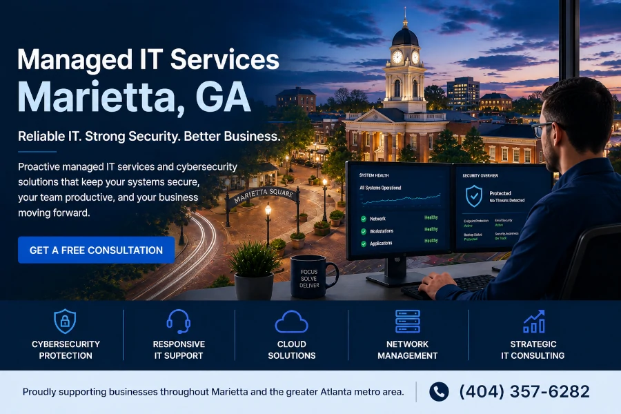 Managed IT services in Marietta, GA providing IT support, cybersecurity, cloud solutions, and technology consulting for local businesses.