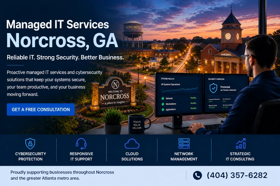 Managed IT services in Norcross, GA providing IT support, cybersecurity, cloud solutions, and technology consulting for local businesses.