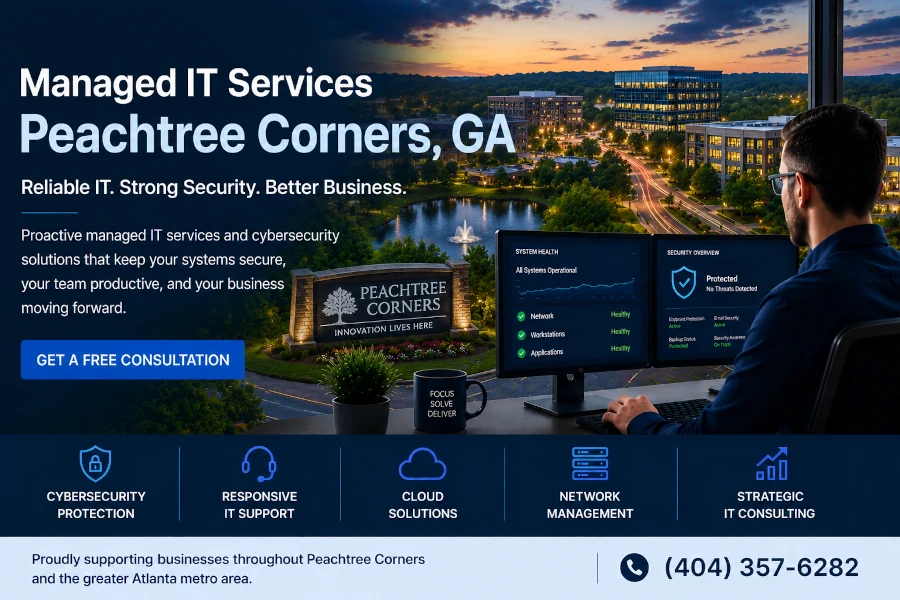 Managed IT services in Peachtree Corners, GA providing IT support, cybersecurity, cloud solutions, and technology consulting for local businesses.