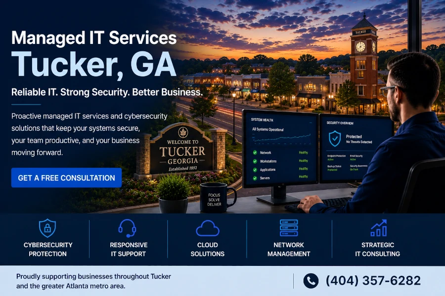 Managed IT services in Tucker, GA providing IT support, cybersecurity, cloud solutions, and technology consulting for local businesses.